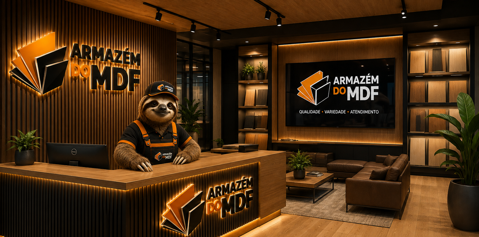 Recepção do Armazém do MDF, com WendyWood, logo iluminada e mostruário de MDF