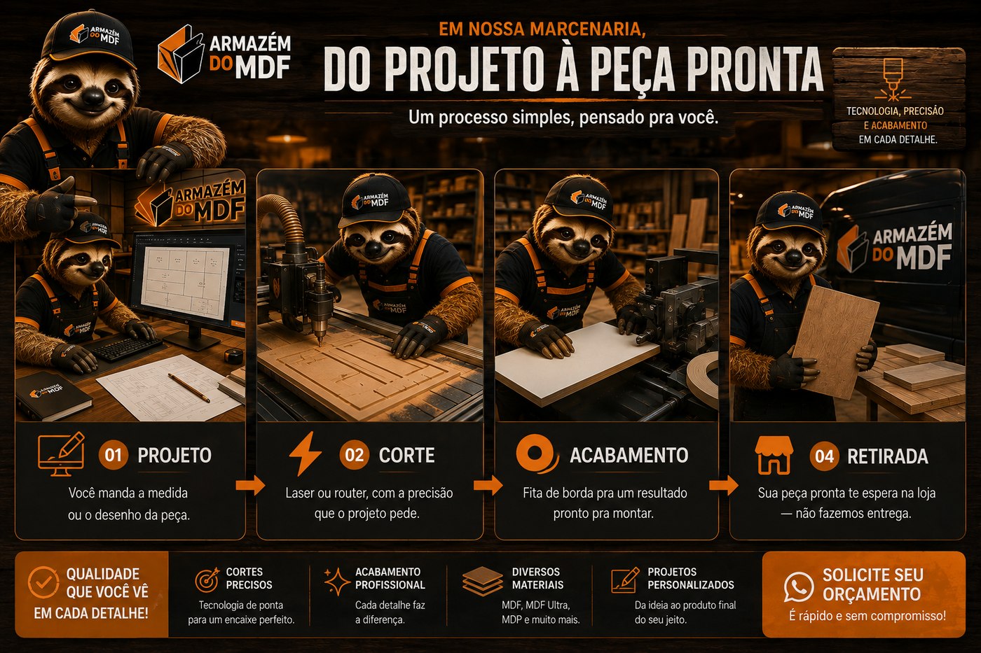 Em nossa marcenaria, do projeto à peça pronta: 01 Projeto, 02 Corte, 03 Acabamento, 04 Retirada